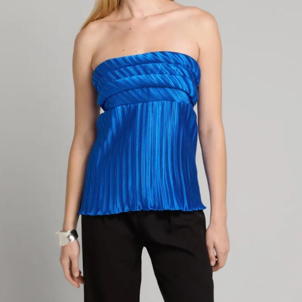 L'IDÉE Vacances Blue Pleated Strapless Top US6